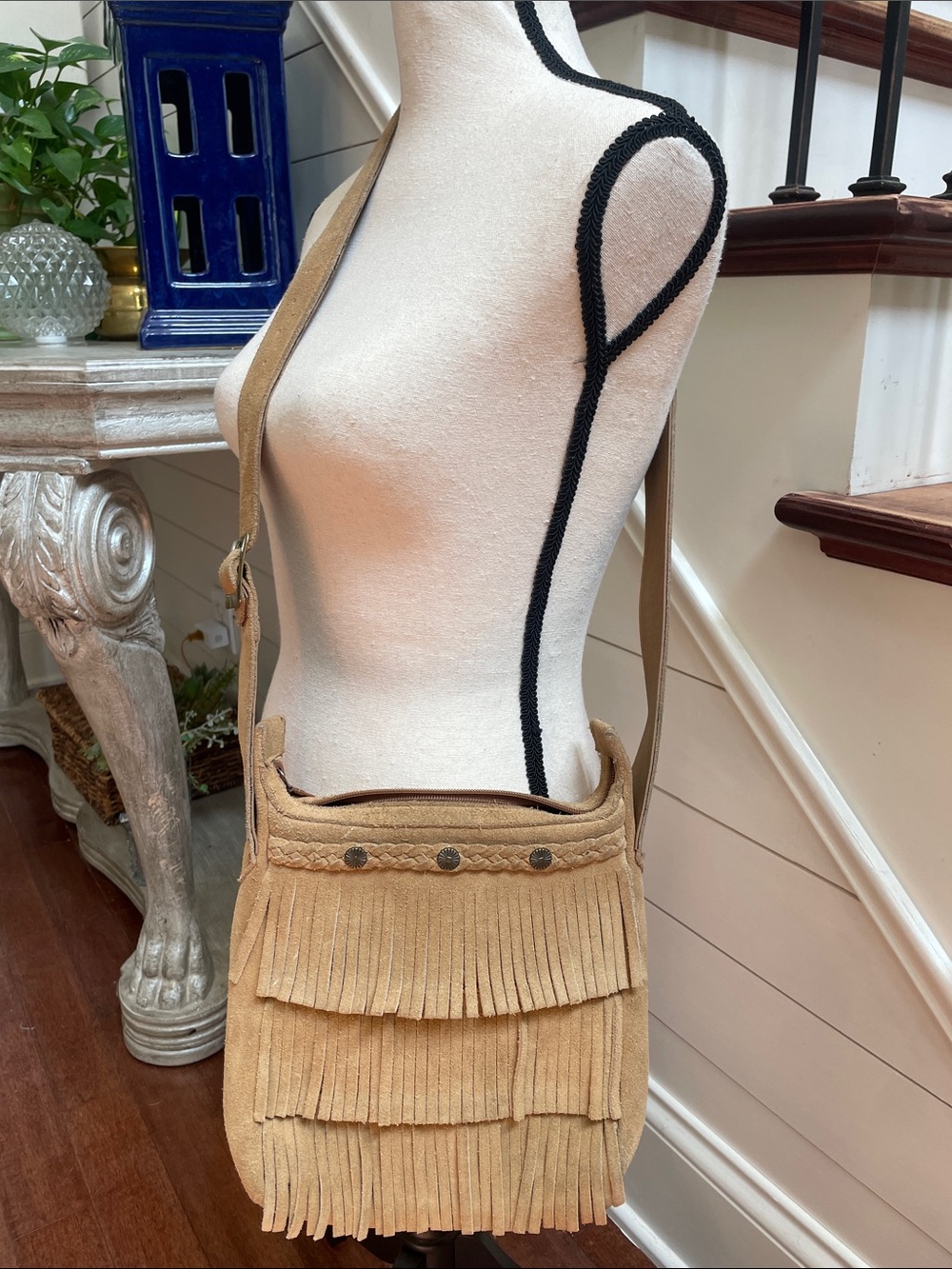 Minnetonka Tan Suede Layered Fringe Crossbody Bag boho festival
